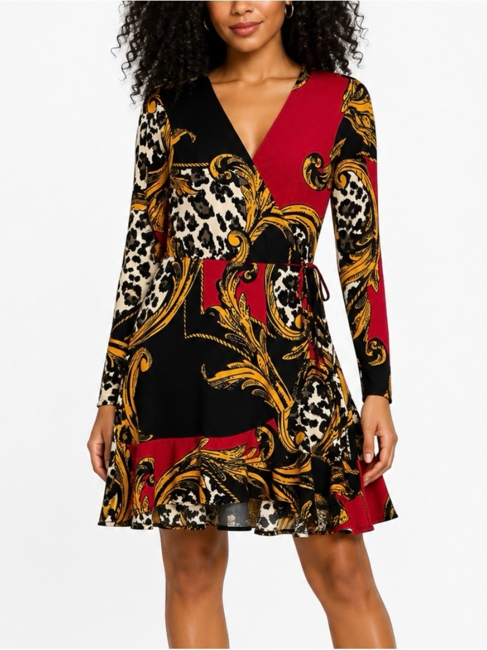 VENUS Red, Black, Gold & Leopard Print Baroque Print Faux Wrap Dress